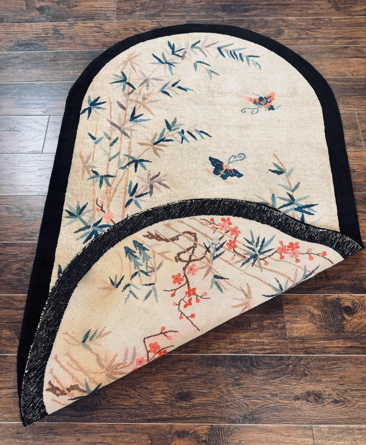 Antique Chinese Oval Rug 3.9 x 6.7, Floral, Butterflies, Chinese Wool Art Deco Peking Carpet, Beige, Handmade - Jewel Rugs, view 10