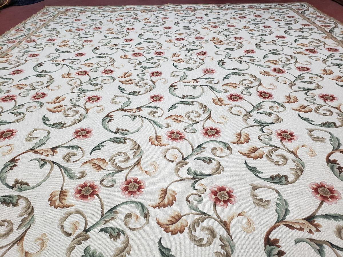 Needlepoint Rug 9x12, European Aubusson Design, Floral Allover Garden Pattern, New Needlepoint Area Rug, Ivory Rug, Hand Woven, Flatweave - Jewel Rugs, view 13
