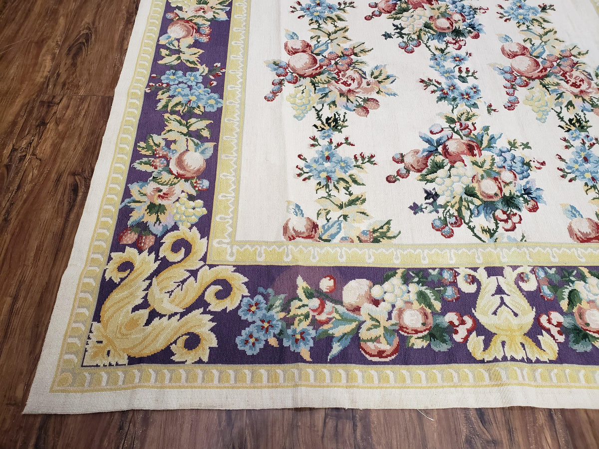 Vintage Chinese Floral Needlepoint Area Rug 6x9, Wool Hand-Woven Handmade Flatweave Rug, Ivory & Purple, Fruits Grapes Apples, Dining Room - Jewel Rugs, view 9
