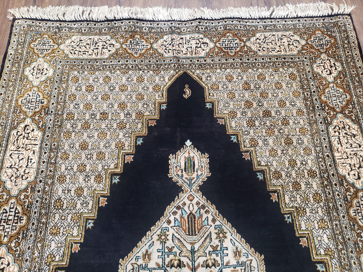 Persian Silk Qum Rug, Silk on Silk, Black Golden Brown and Beige, Hand-Knotted, 3'6" x 5' 5" - Jewel Rugs, view 3
