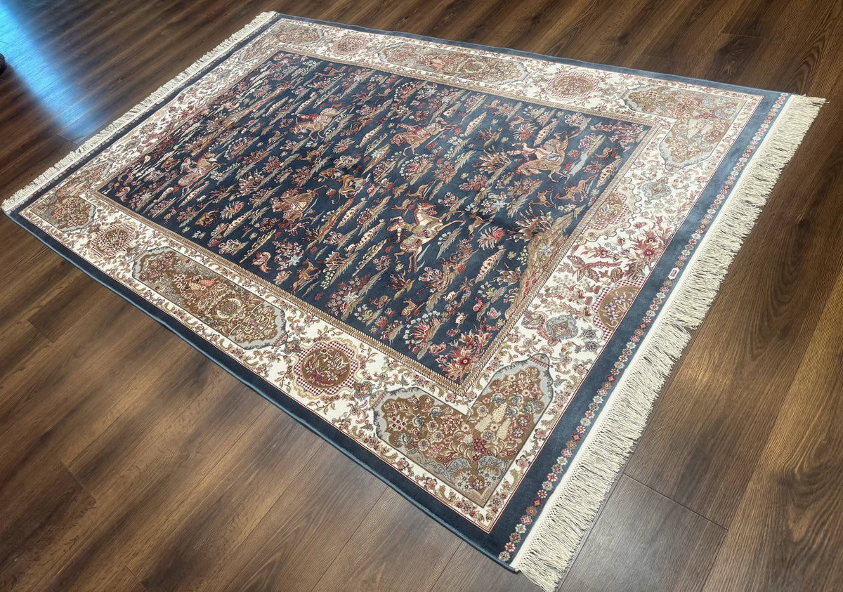 Turkish Silk Rug 5x8, Hunting Design, Animal Pictorials, Steel Blue & Ivory, Bamboo Silk - Jewel Rugs, view 12