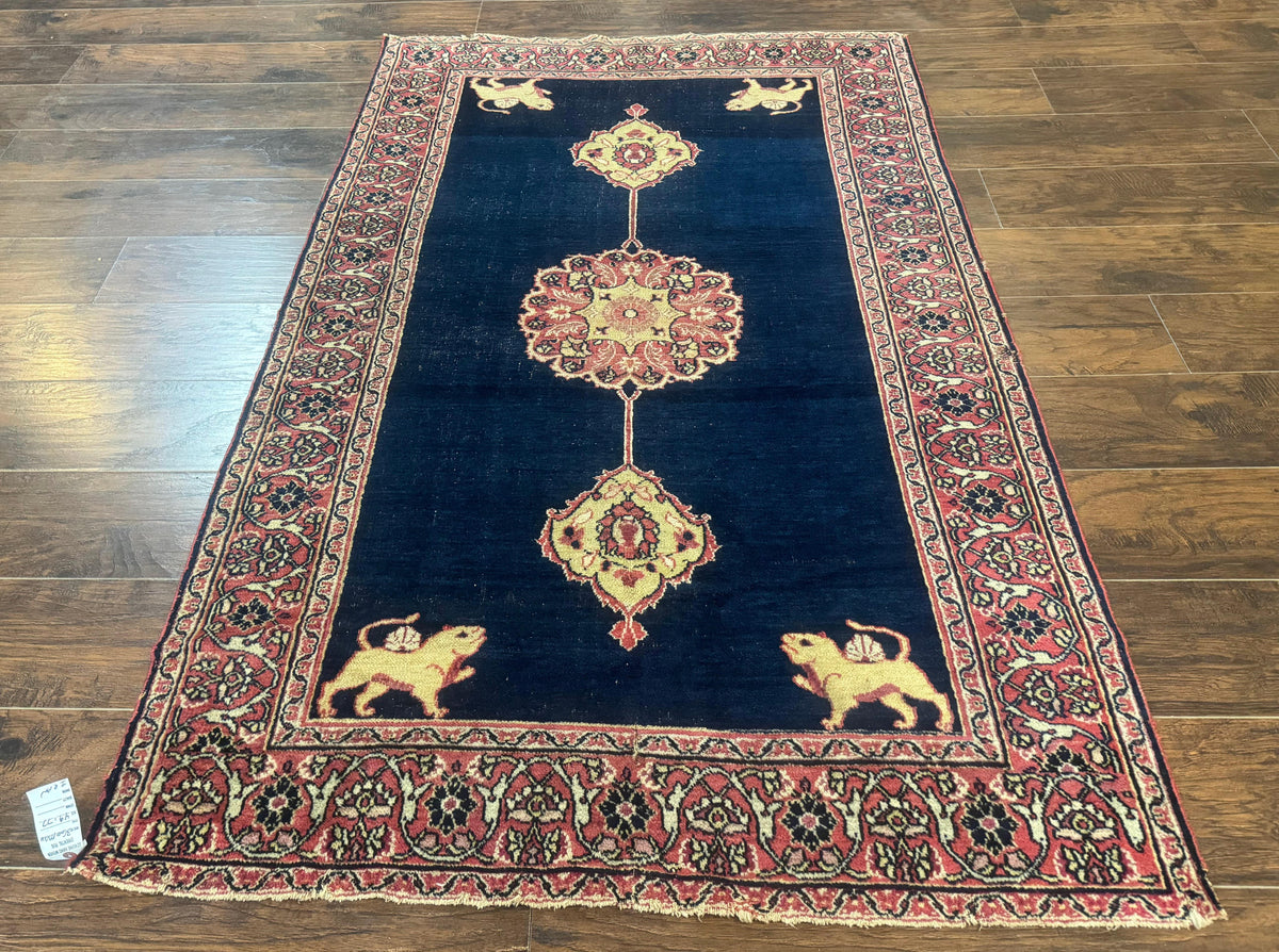 Antique Persian Mashad Rug 4x6, Semi Open Field, Navy Blue, Lion Pictorials, Triple Medallion, Dorokhsh Rug - Jewel Rugs, view 2
