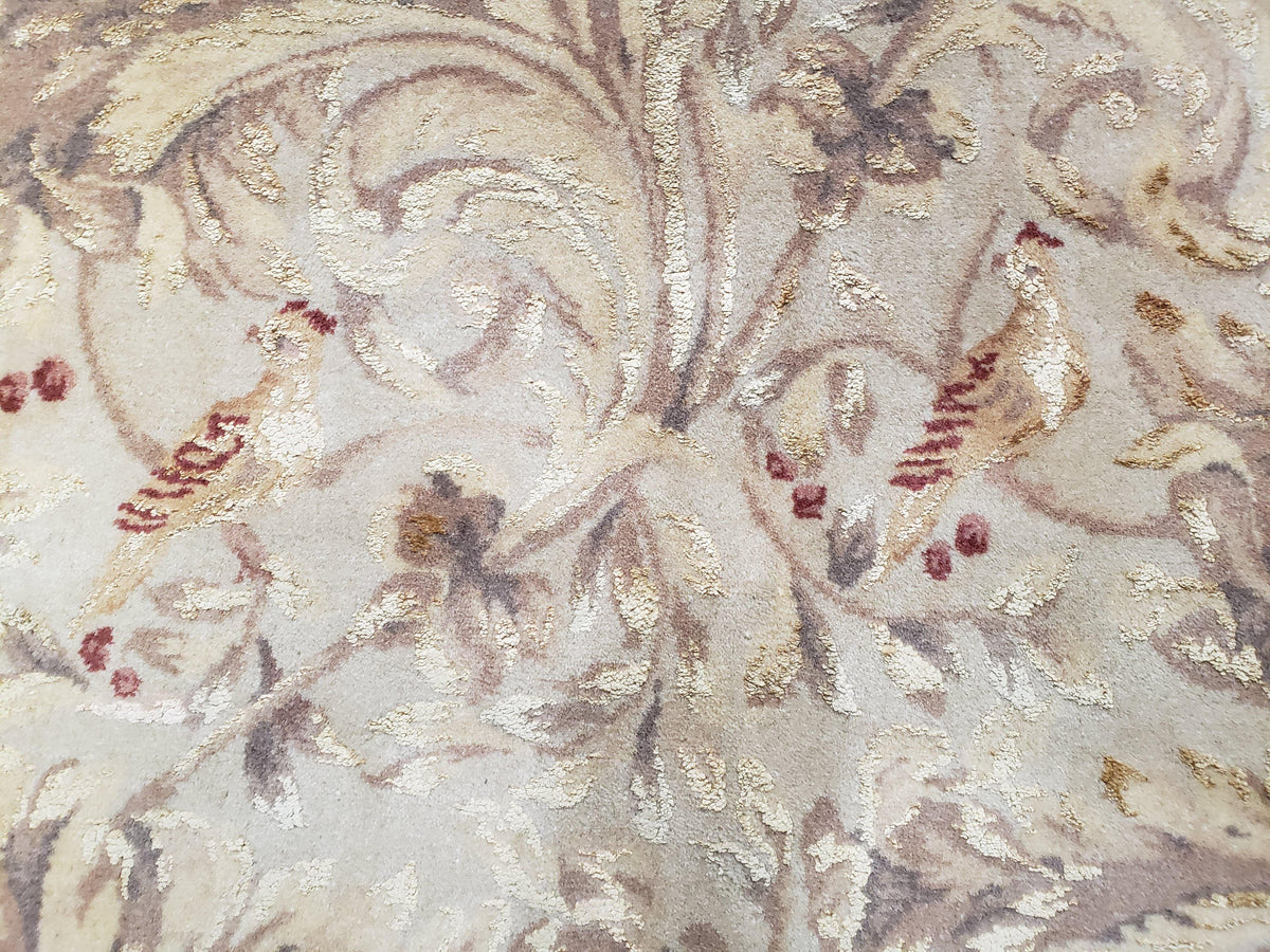 Chinese Aubusson Savonnerie Area Rug 8x12, Vintage 120 Line Carpet, Wool and Silk Hand-Knotted, Birds Flowers Master Weaver Signature - Jewel Rugs, view 5