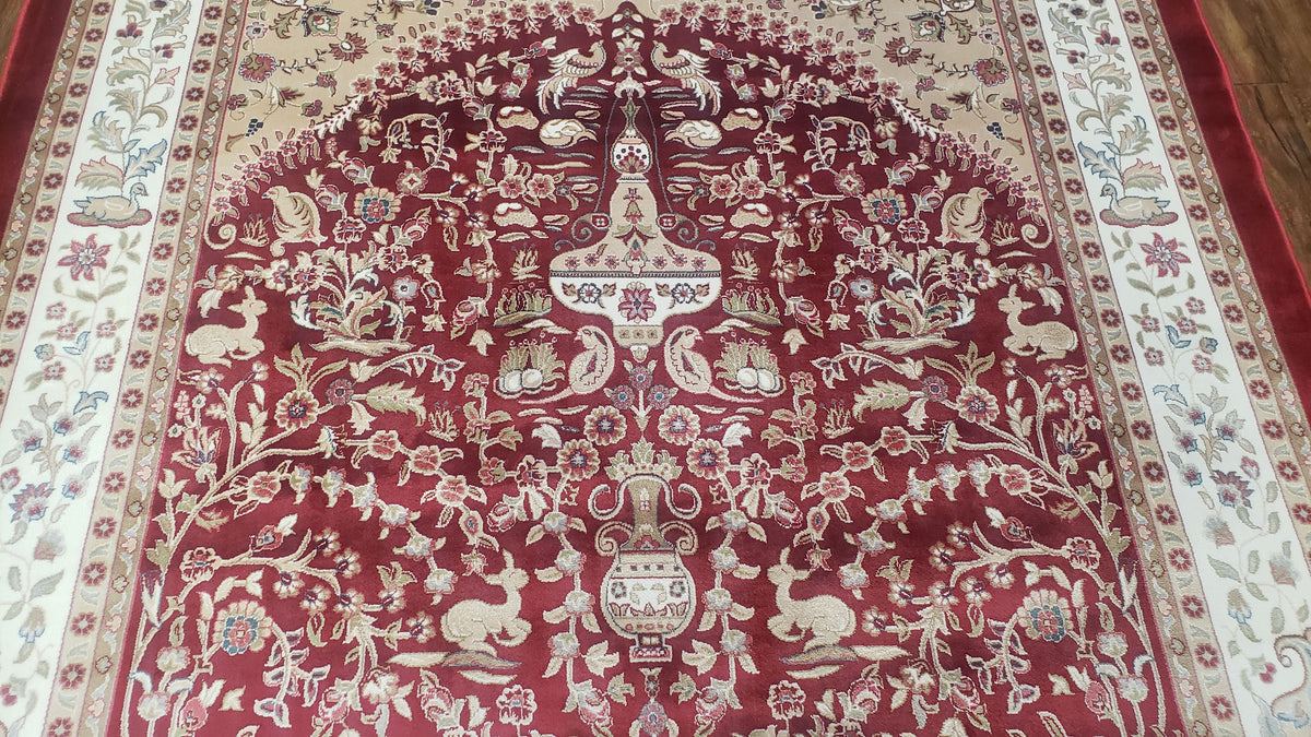 Silk Carpet 4x6 Dark Red & Cream, Tree of Life Rug, Animal Motifs, Birds Deer Rabbits, All Bamboo Silk, 4 x 6 Silk Area Rug - Jewel Rugs, view 5