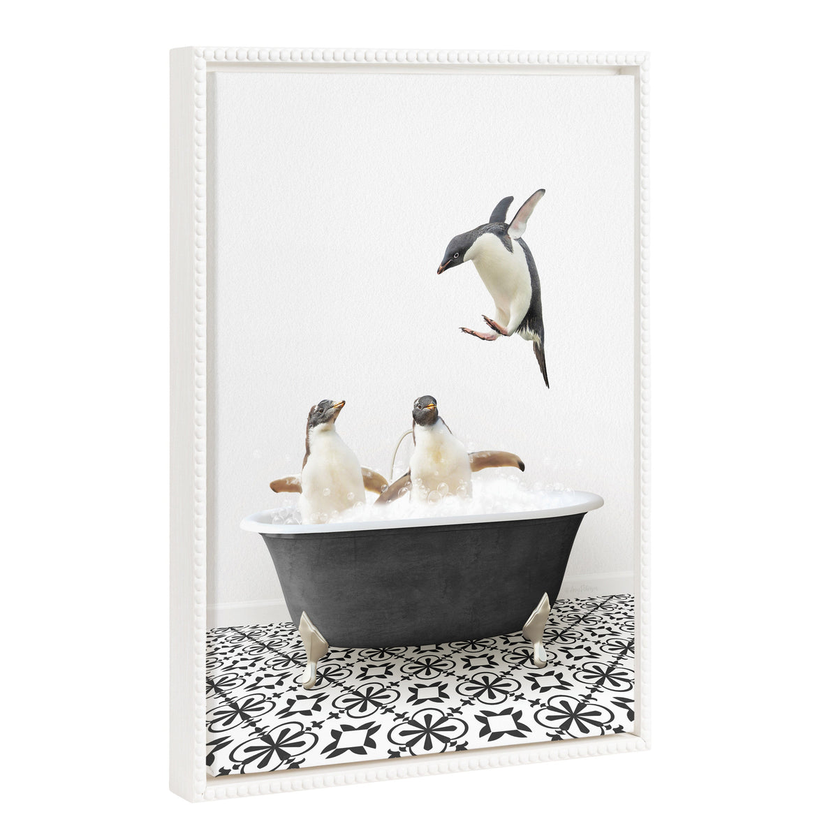 Sylvie Penguins in Classic Black and White Bath Framed Canvas by Amy Peterson
