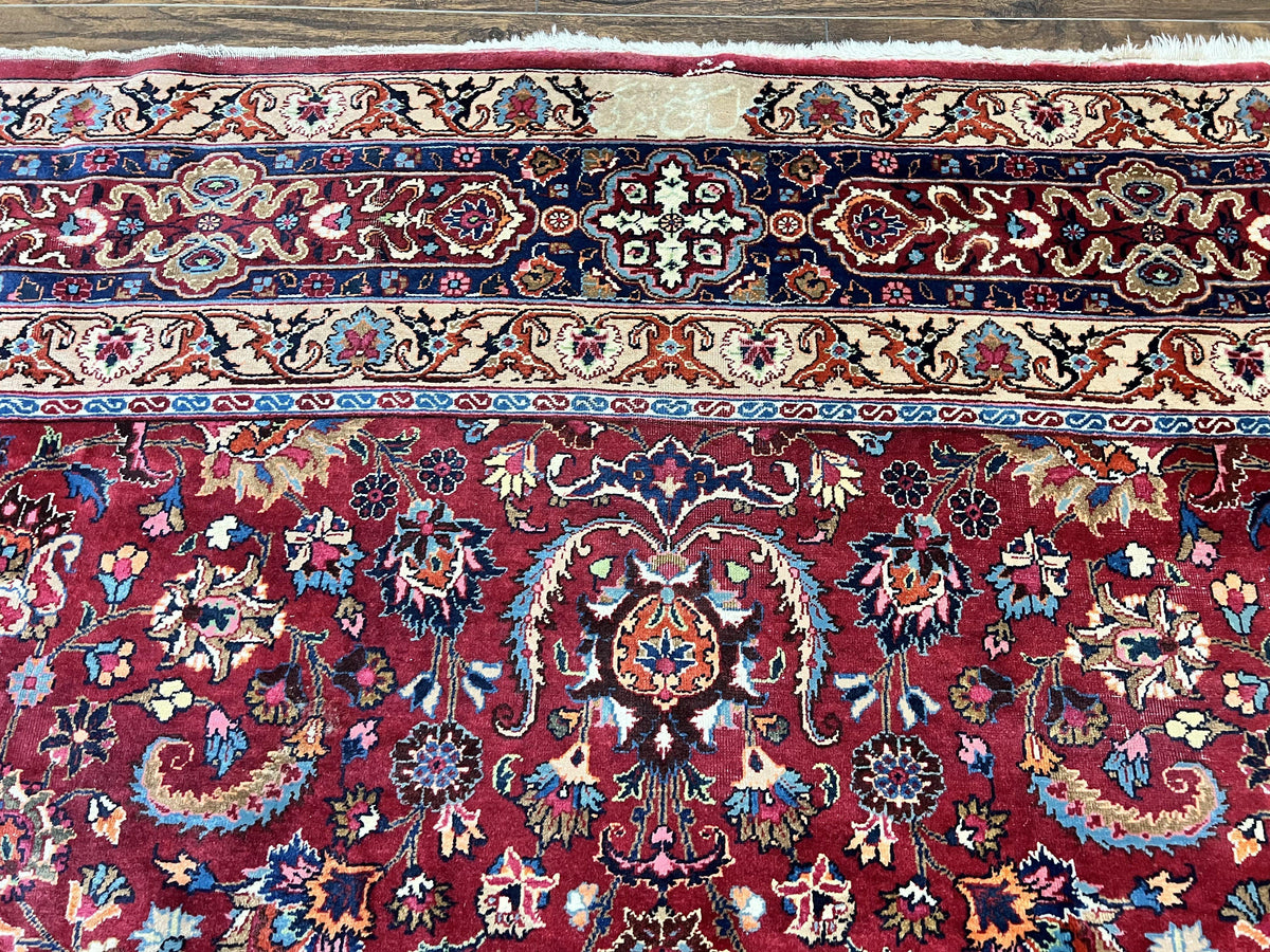 Signed Persian Mashad Rug 8x10, Wool Oriental Carpet, Semi Antique Rug, Hand Knotted, Traditional, Red, Floral Allover, - Jewel Rugs, view 3