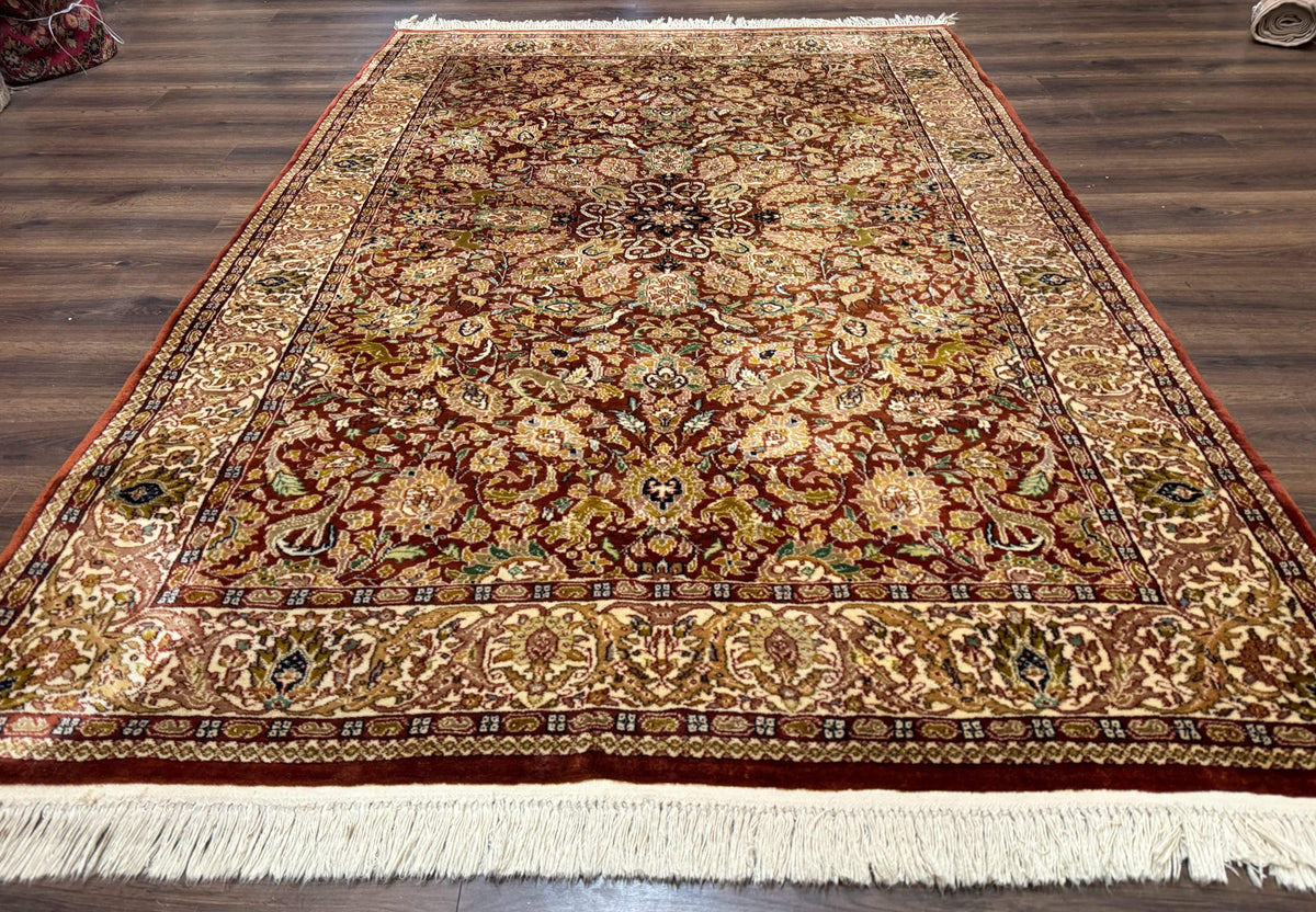 Tree of Life Indian Kashmiri Rug 6x9, Rust Red and Cream, Animal Pictorials, Fine 290 KPSI - Jewel Rugs