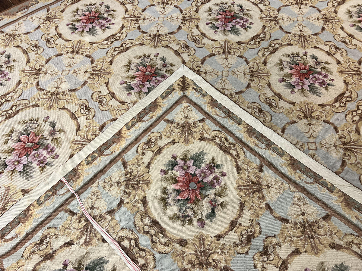 Chinese Needlepoint Rug 8x11, Handmade Wool Needlepoint Carpet, Vintage, Sky Blue - Jewel Rugs, view 11