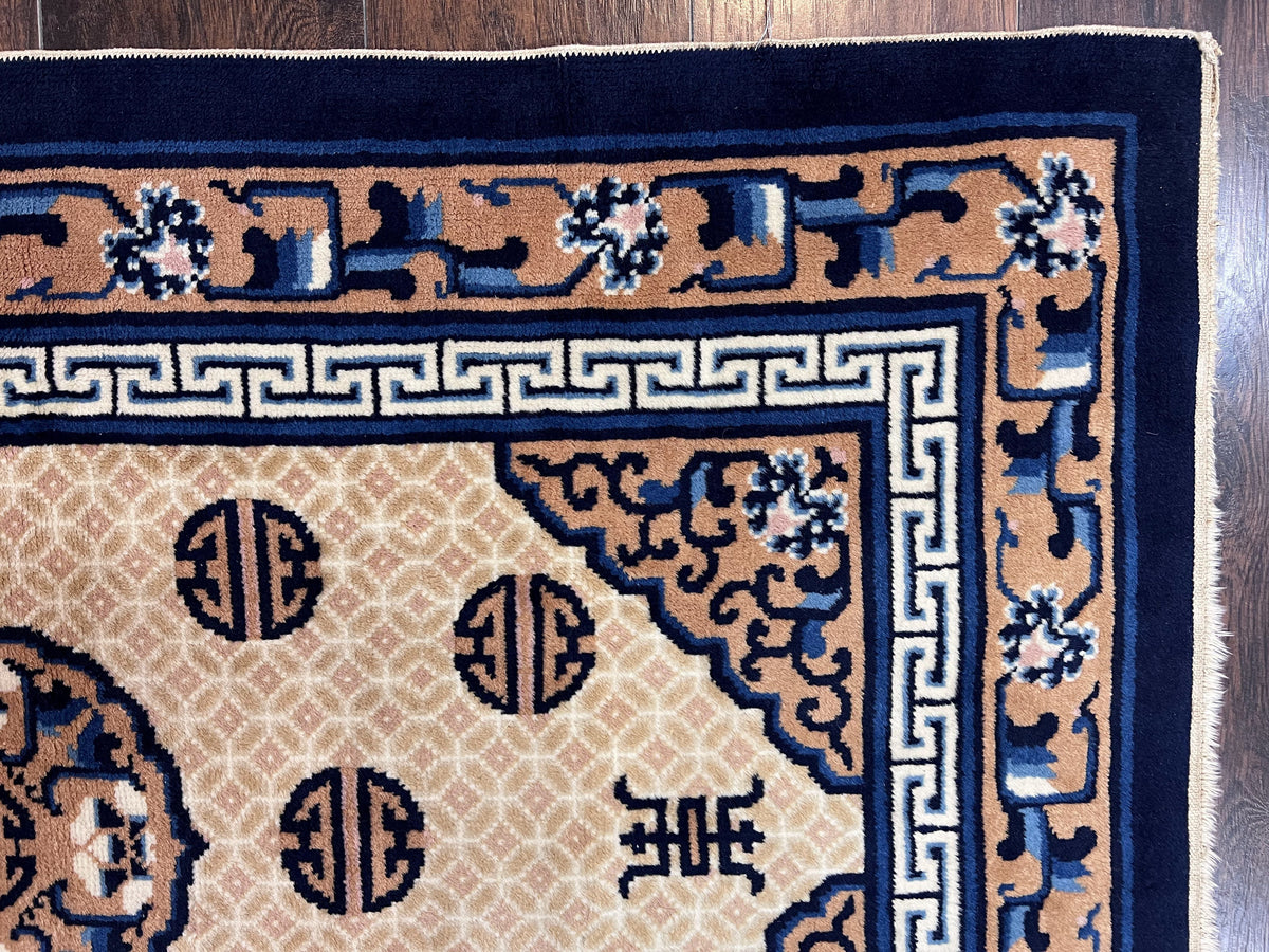 Chinese Peking Rug 3x5, Antique Chinese Art Deco Carpet, Blue Ivory Tan, Hand Knotted Wool Asian Oriental Rug 3 x 5 Vintage Small Peking Rug - Jewel Rugs, view 7