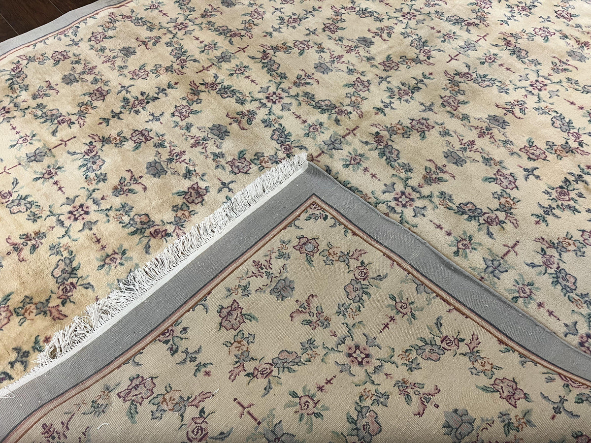 Sino Persian Rug 8x10, Floral, Oatmeal and Light Teal, Handmade Wool Vintage Carpet - Jewel Rugs, view 11
