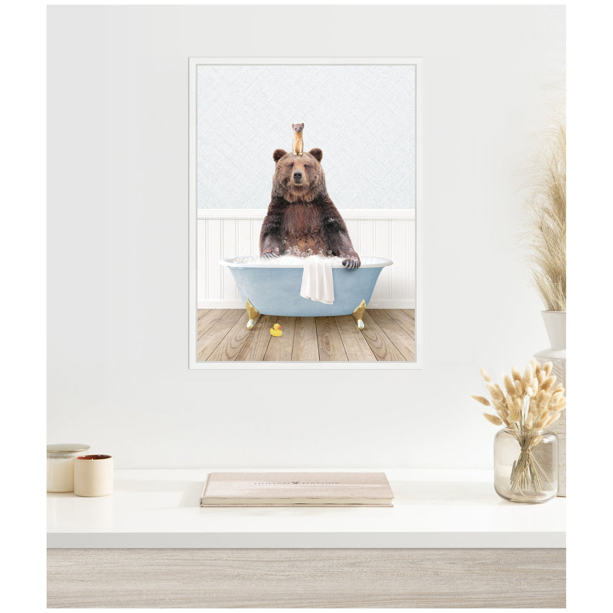 Sylvie Bear and Weasel in Cottage Blue Bathtub Framed Canvas by Amy Peterson