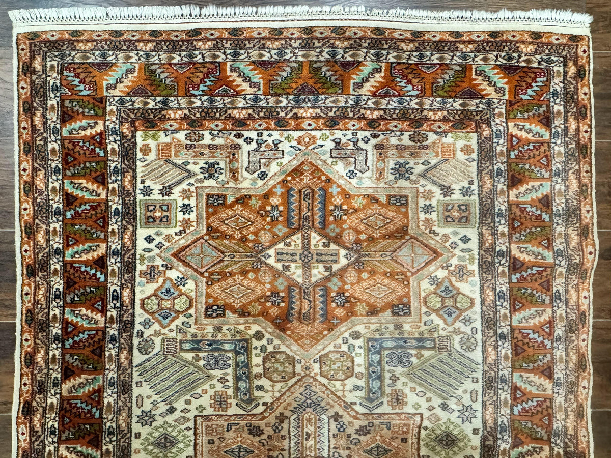 Turkish Kazak Rug 4x6, Geometric Medallions, Vintage Handmade Wool Carpet - Jewel Rugs, view 3