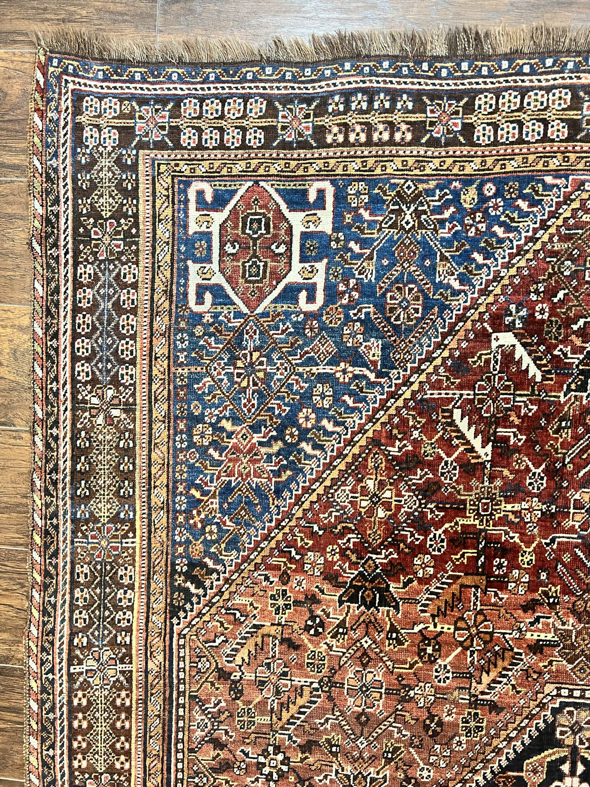 Antique Persian Shiraz Tribal Rug 6x8, Geometric Rug, Wool Handmade Hand Knotted Carpet, Red Blue - Jewel Rugs, view 6
