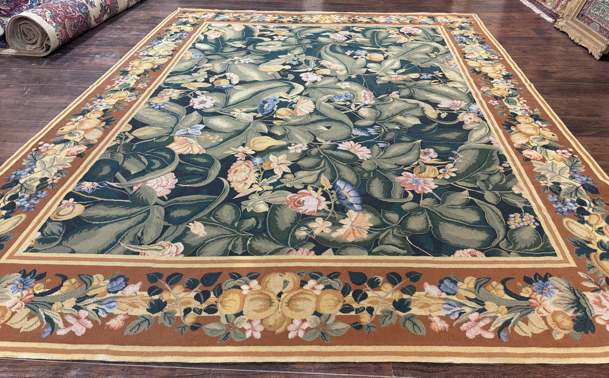 Needlepoint Rug 8x10, Vintage, Handmade, Wool, Green, Leaves & Fruits - Jewel Rugs, view 2