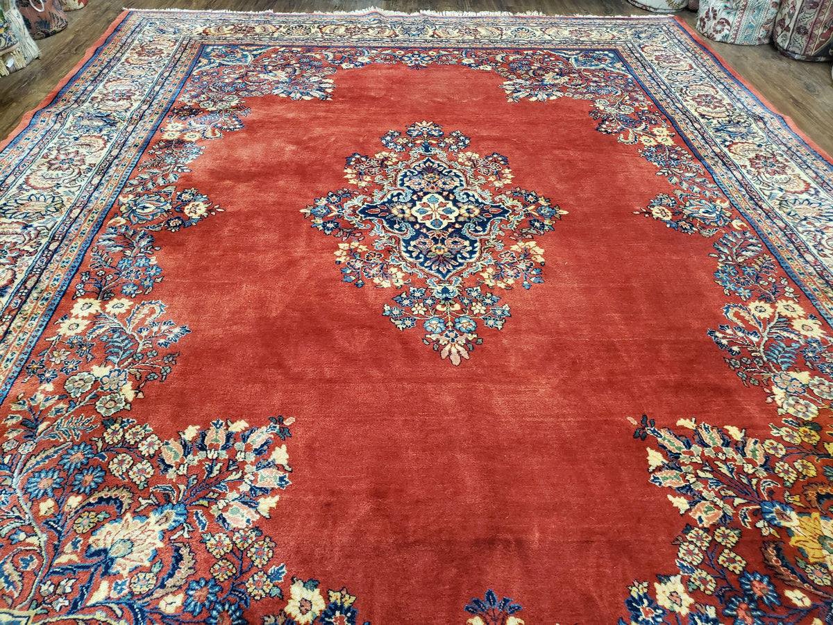 Semi Antique Persian Sarouk Rug 9x12,  Semi Open Field with Central Medallion, Hand Knotted Wool, Tomato Red, 9 x 12 Authentic Oriental Carpet - Jewel Rugs, view 6