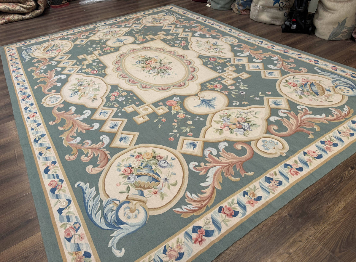 Aubusson Rug 9x12, Muted Sage Green and Cream, European Design - Jewel Rugs, view 13