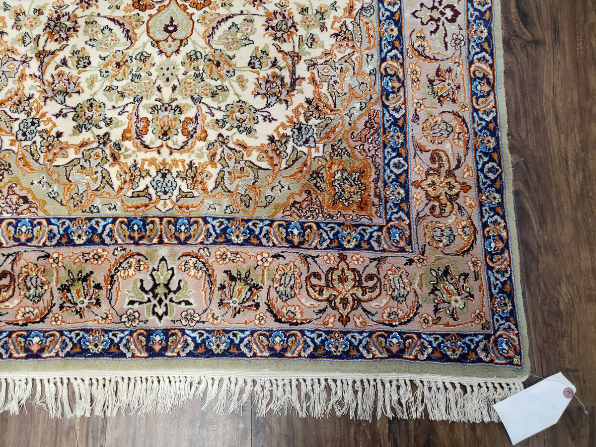 Vintage Persian Isfahan Lachak Toranj Rug, Highly Detailed, Kork Wool on Silk Foundation, Beige and Dark Blue, Hand-Knotted, 3'6" x 5' 4" - Jewel Rugs, view 10