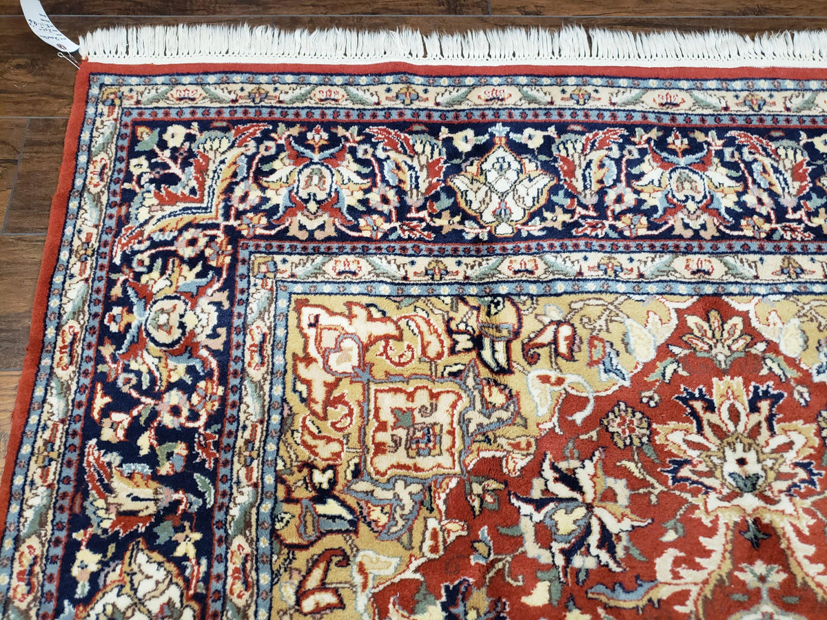 Vintage Indo Persian Oriental Rug 6 x 9.6, Wool Hand-Knotted Red Dark Blue & Gold Indian Carpet, 6 x 9 Office Room Rug, Floral Medallion - Jewel Rugs, view 6