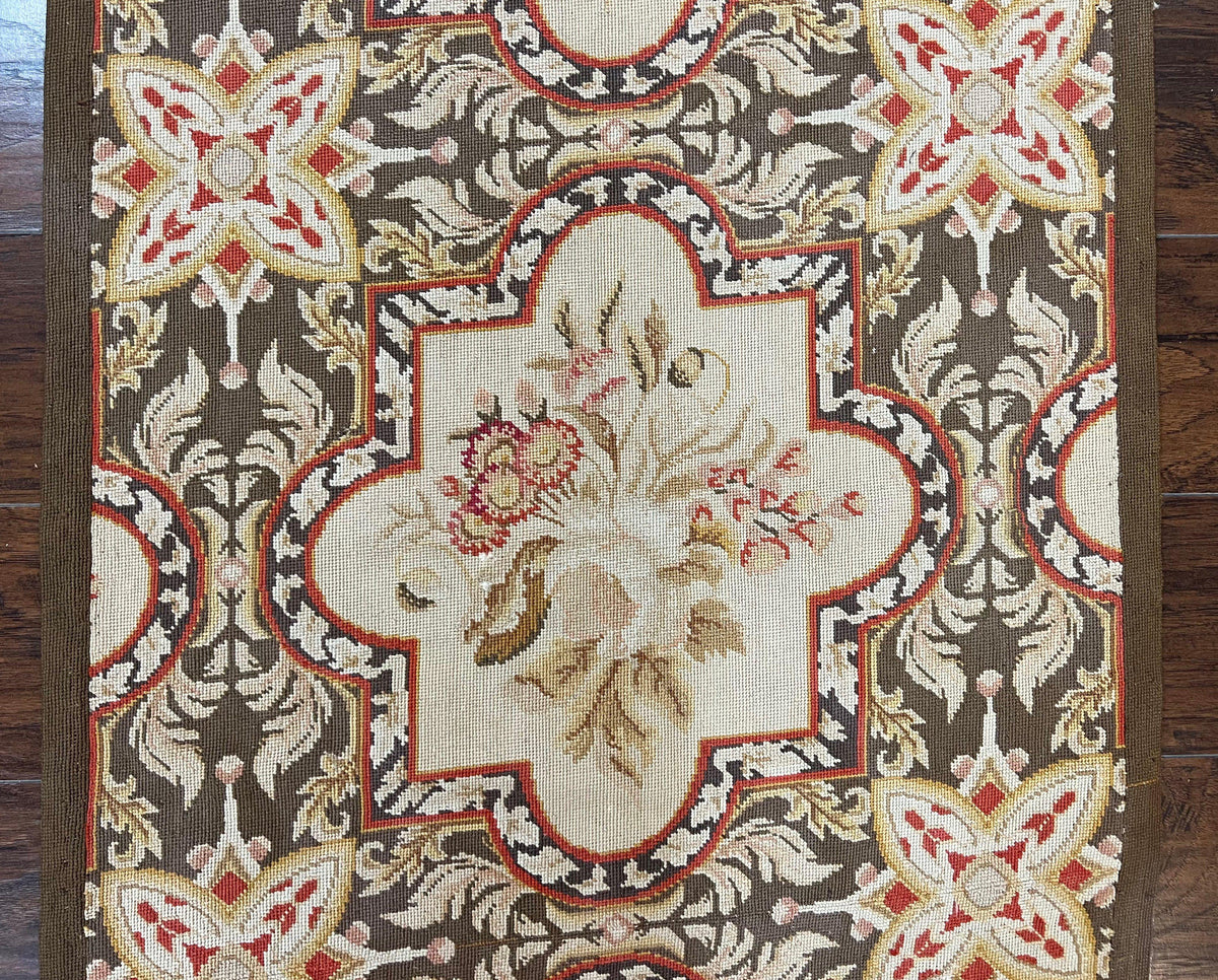 Needlepoint Runner Rug 2.8 x 9.8, Brown and Beige, Handwoven Handmade Floral French European Design, Vintage Flatweave 10ft Wool Runner Rug - Jewel Rugs, view 7