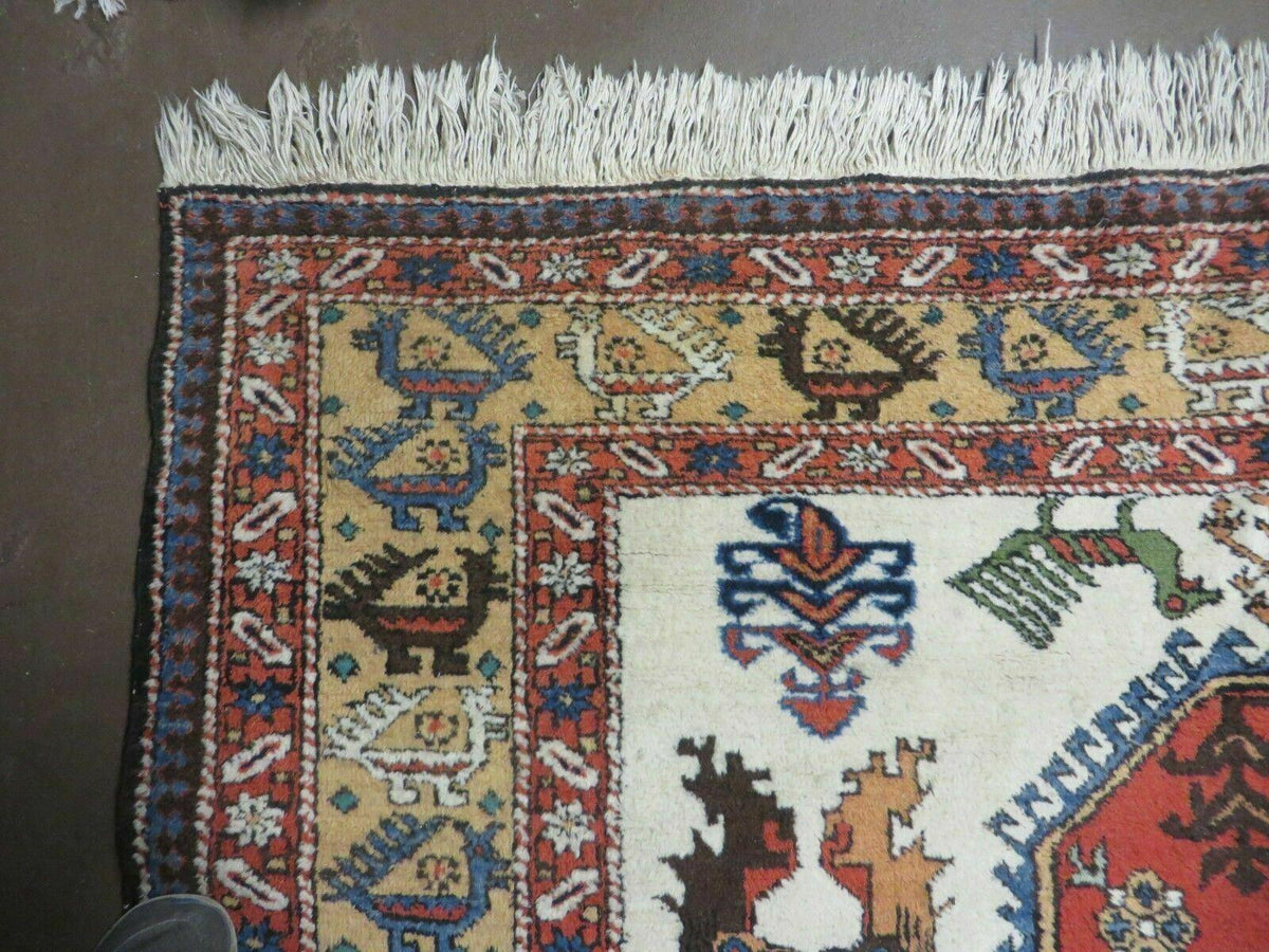 7' X 10' Vintage Handmade Knotted Turkish Wool Rug Birds Animal Ivory Organic - Jewel Rugs, view 7