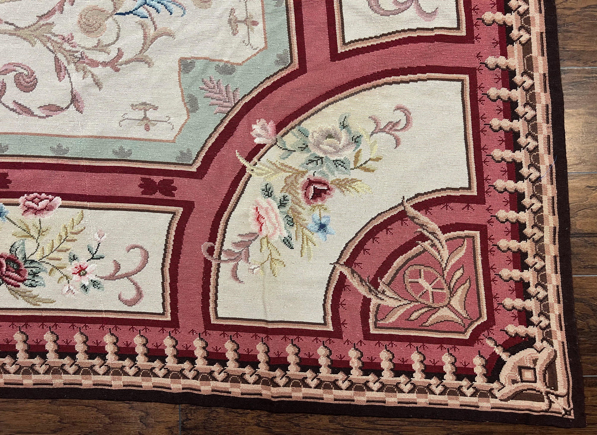 Needlepoint Rug 7.9 x 9, Beige Maroon Rose, Handmade Handwoven Flatweave Aubusson Savonnerie French European Elegant Carpet, Wool Rug - Jewel Rugs, view 10