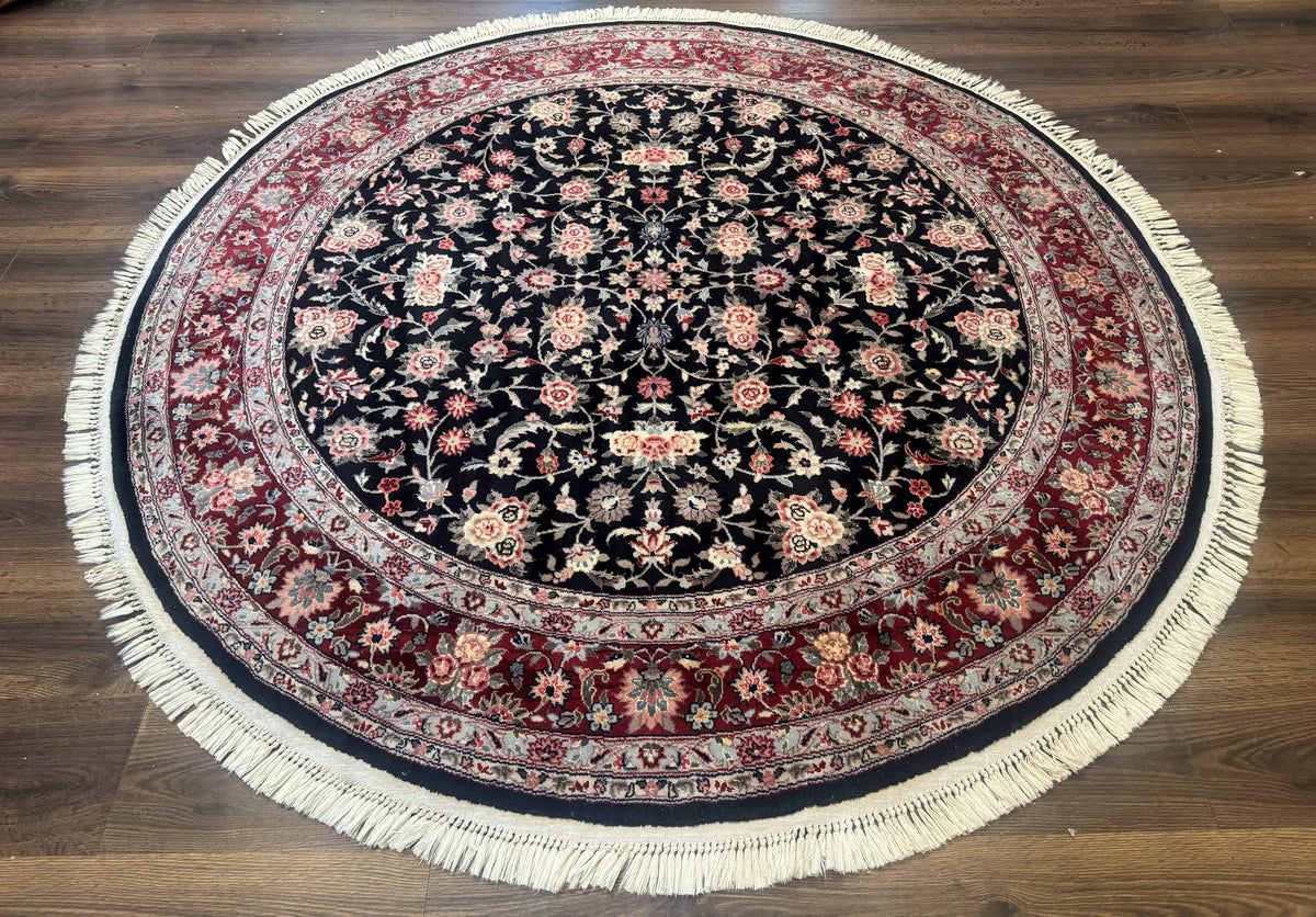 Round Sino Persian Rug 6x6, Floral, Navy Blue and Red, Wool and Silk Highlights - Jewel Rugs