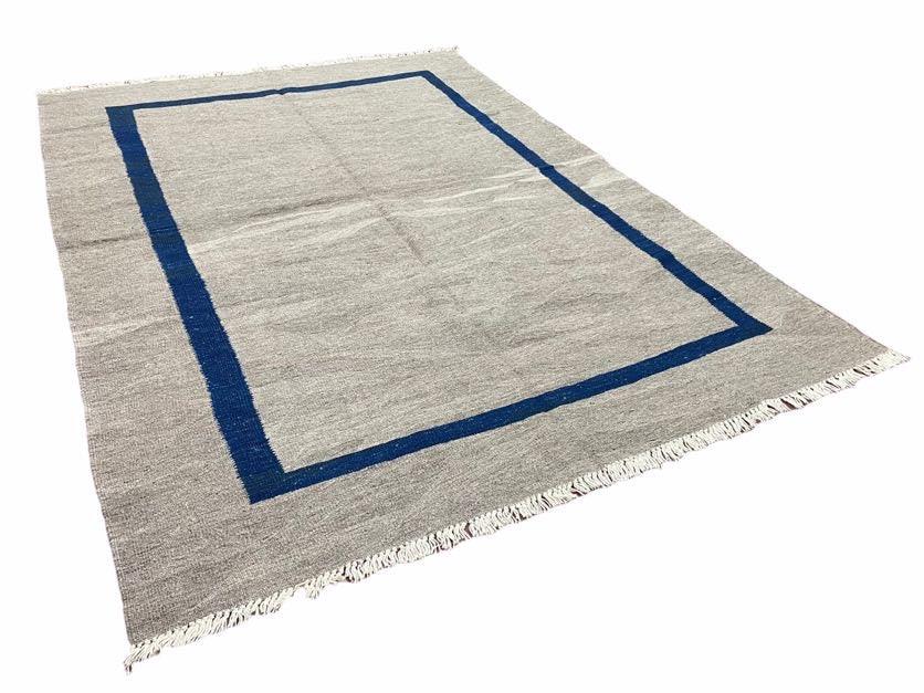 Geometric Turkish Kilim Rug 5' 7" x 7' 9", Flatweave Carpet, Minimal Design, Anatolian Carpet, Gray, Geometric, Dark Blue, Hand-Knotted, New - Jewel Rugs, view 3