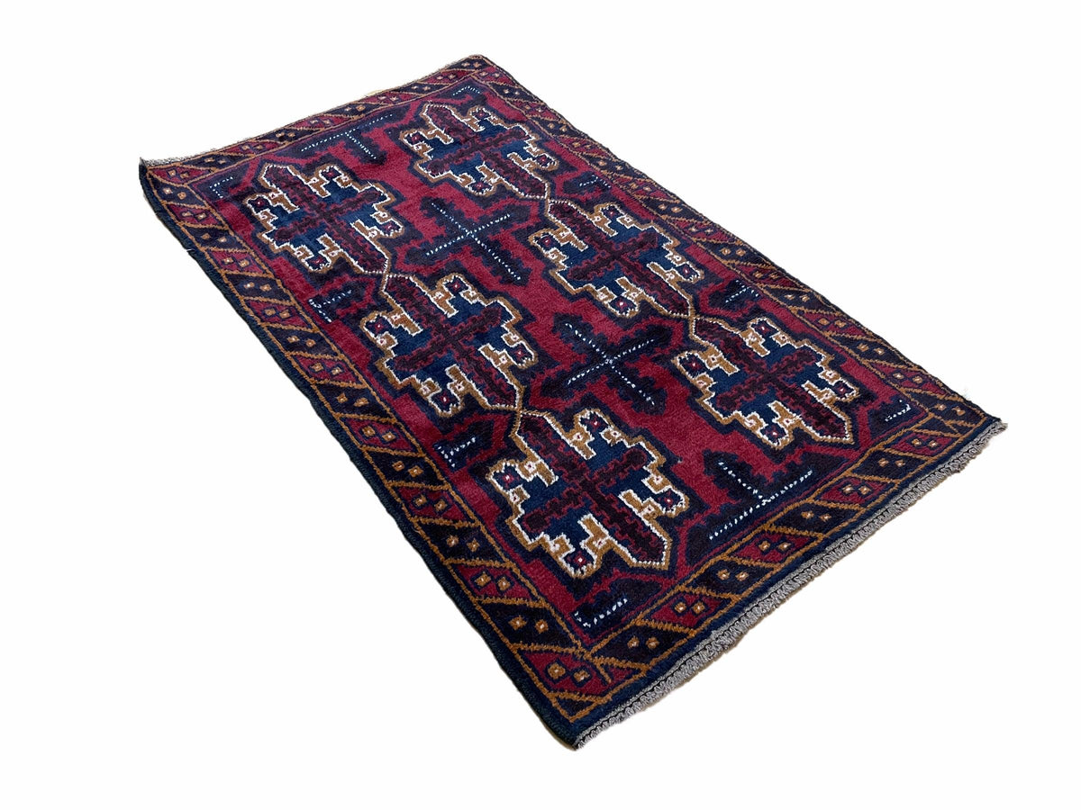 2' 7" X 4' 6" Vintage Handmade Tribal Wool Rug Balouchi Rug Afghan Rug Red Blue - Jewel Rugs, view 3