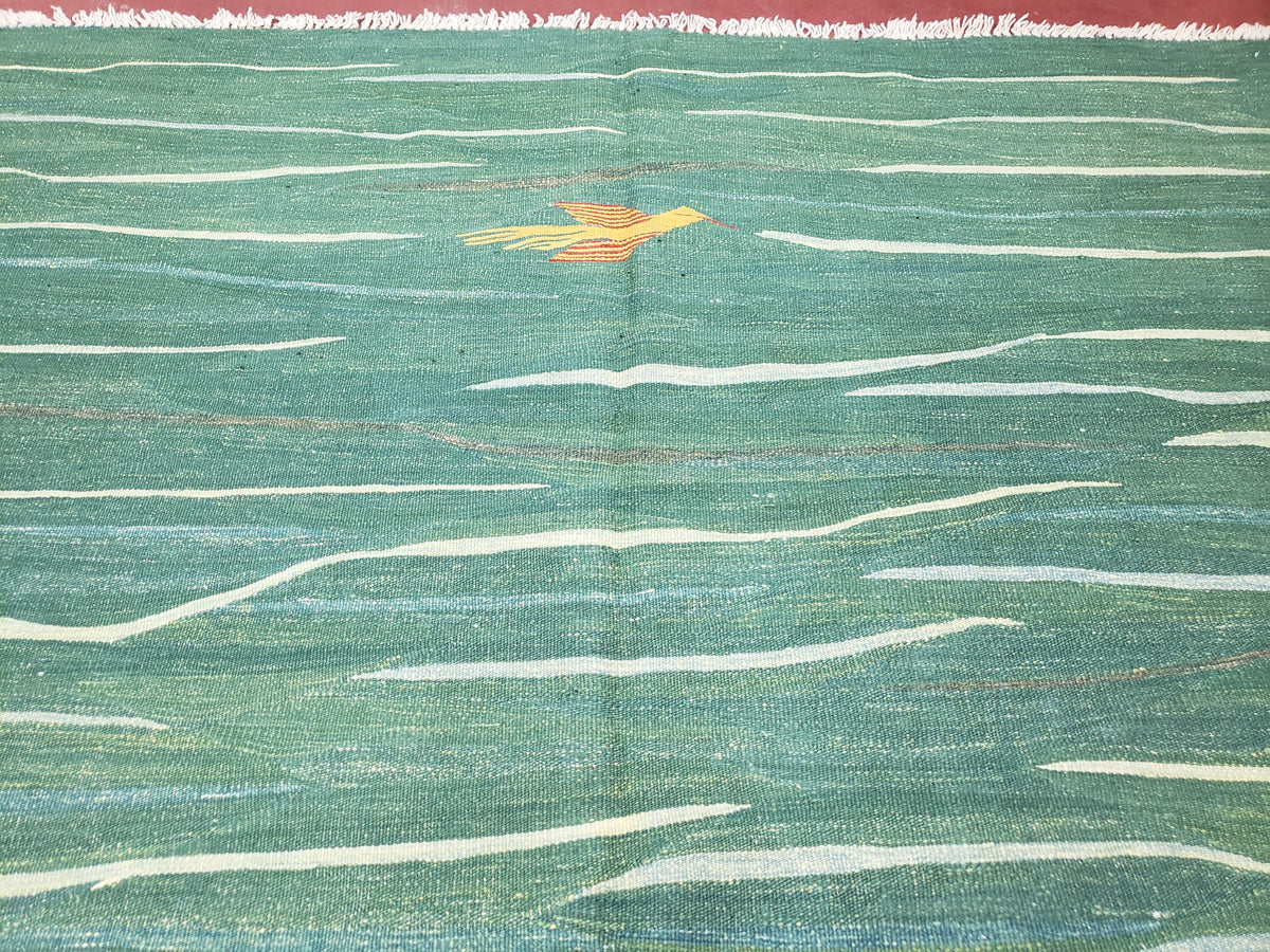 Green Turkish Kilim Rug, 6x9 - 7x10 Rugs, Bird, Handmade New Area Rug, Wool, Bohemian Boho Decor, Hand Woven, Modern Abstract Flat Weave Rug - Jewel Rugs, view 4