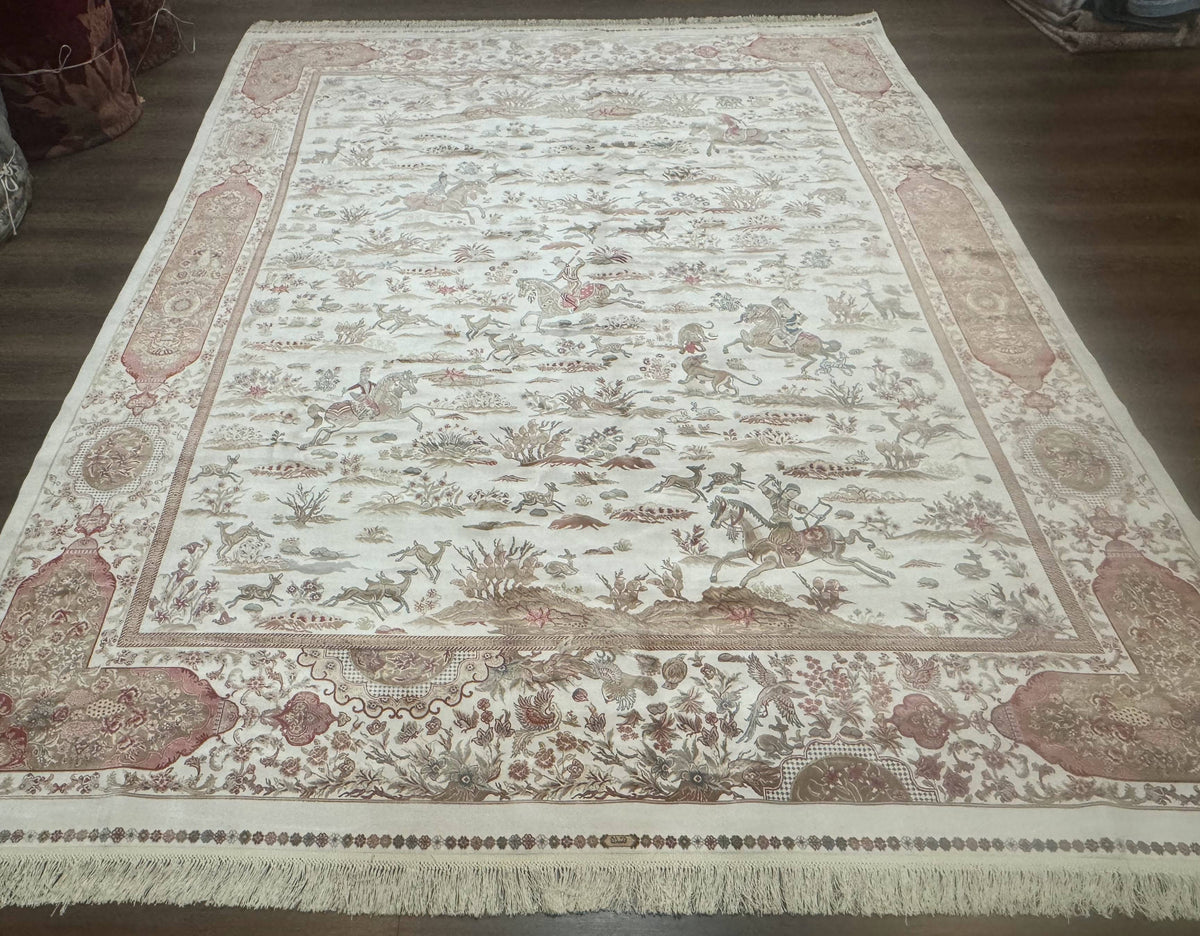 Large Turkish Silk Rug 8x10, Ivory, Hunting Design, Bamboo Silk, New - Jewel Rugs, view 13