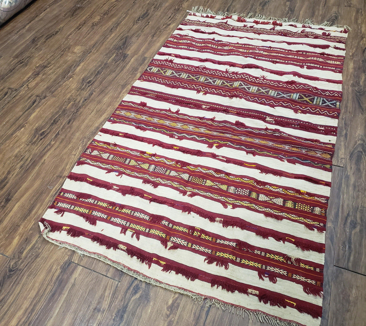 Antique Turkoman Yamud Rug 3x5 ft, 1920s Turkmen Sofreh Table Cover, Bohemian Rug, Tribal Collectible, Striped Rug, Handmade Ivory and Red - Jewel Rugs, view 12