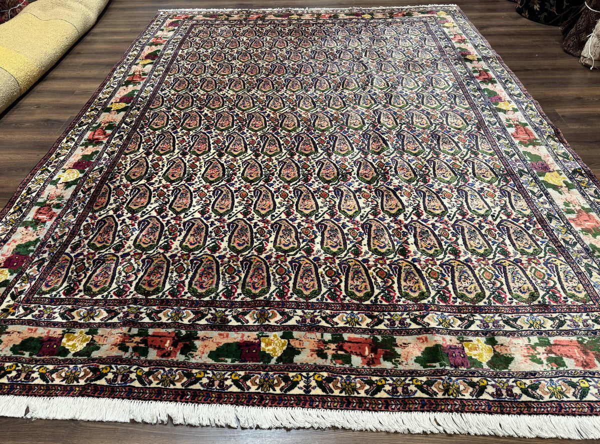 Persian Kurdish Rug 8x11, Repeated Allover Boteh Paisley Design, Bird Pictorials, Rare Antique Sannadaji Carpet - Jewel Rugs, view 2