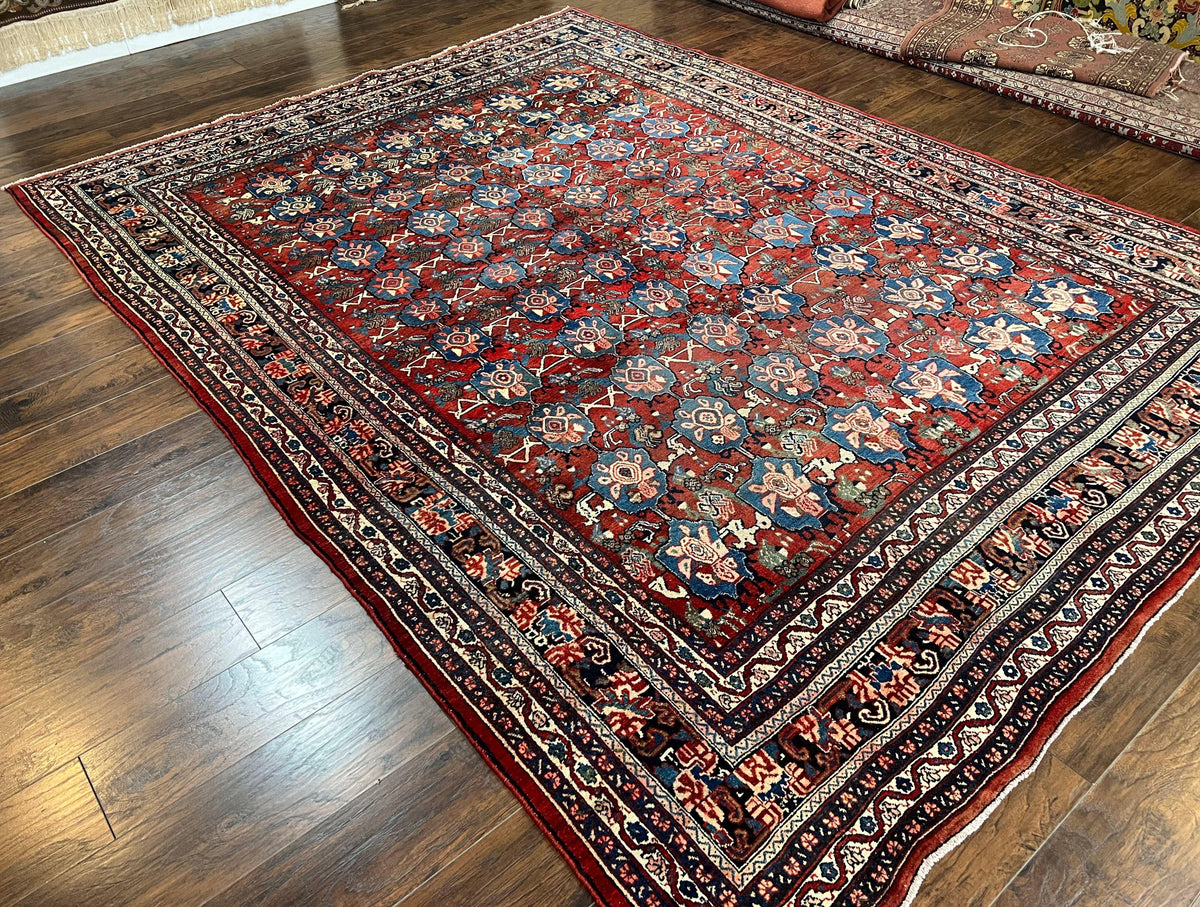 Antique Persian Bijar Rug 9x12 - Allover Motif, Red & Blue - Jewel Rugs, view 13