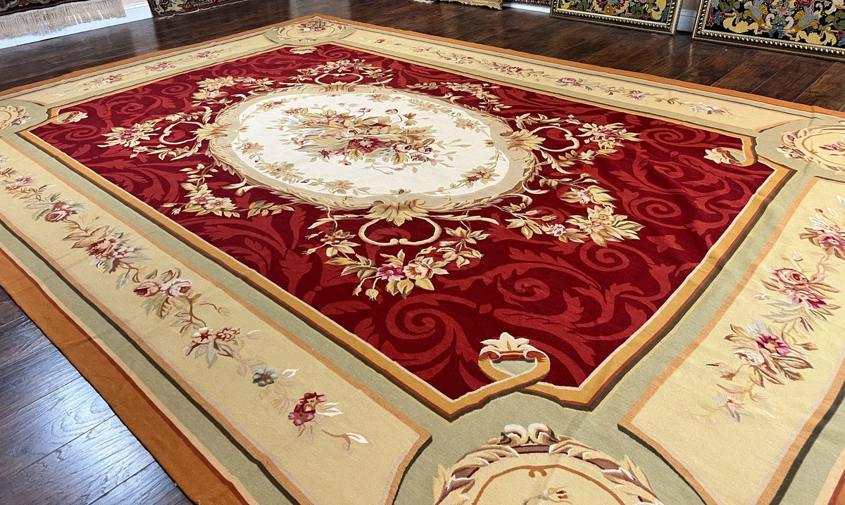 Large Aubusson Rug 10x14, Wool Handmade Vintage Carpet, Dark Red Ivory Tan, French European Elegant Aubusson Weave Rug - Jewel Rugs, view 13