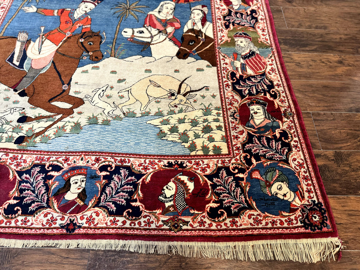 Rare Persian Kashan Pictorial Rug 6x9, King Bahram Hunting Scene, Persian Kings, Hand Knotted Persian Rug for Wall Hanging, Antique, Wool - Jewel Rugs, view 12