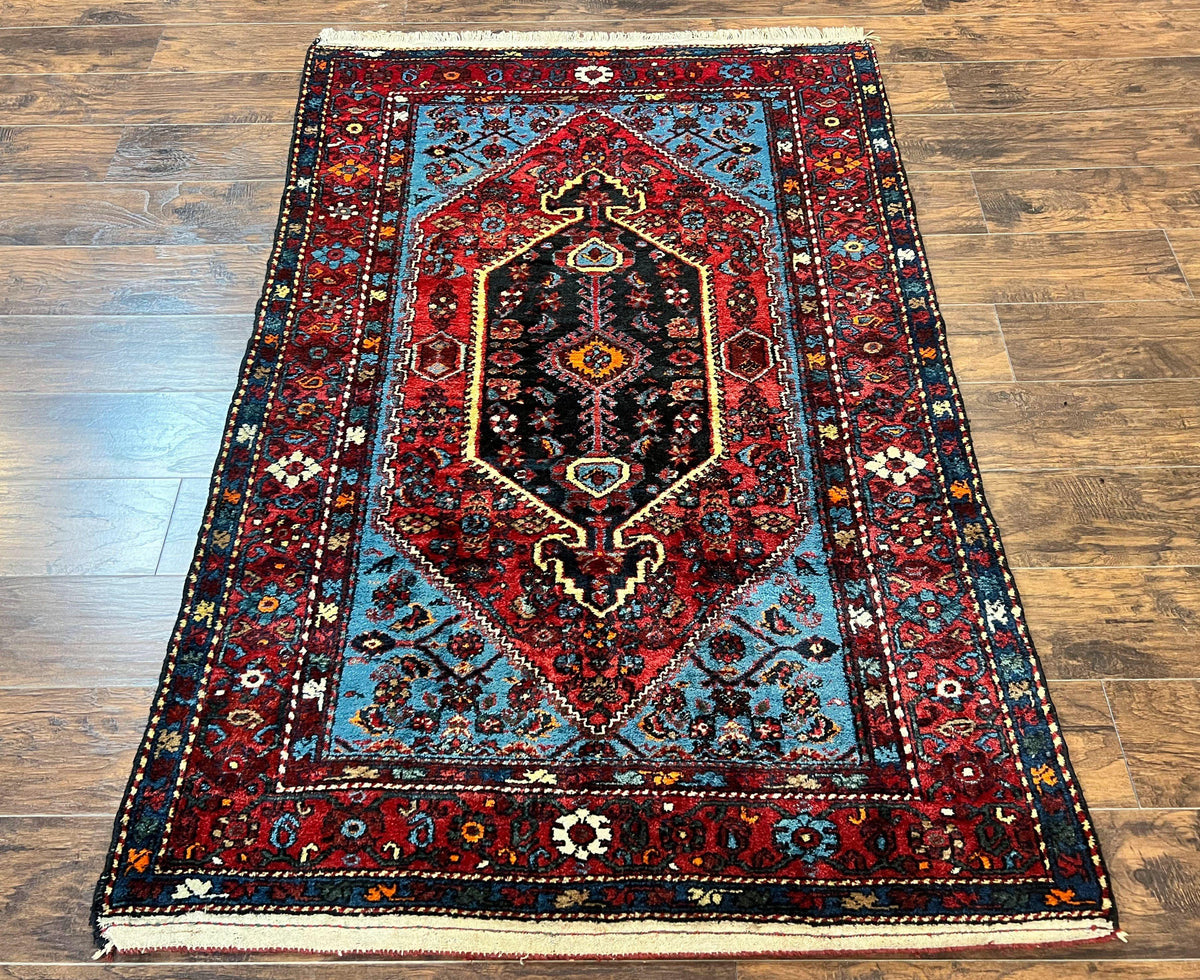 Antique Persian Tribal Rug 4x7, Wool Handmade 1920s Carpet, Red Blue, Persian Hamadan Rug - Jewel Rugs, view 12