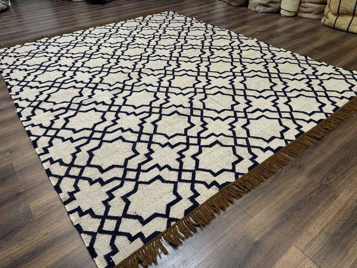 Indian Kilim Rug 8x10, Oat and Navy Blue, Dhurrie Carpet, Handmade, Wool - Jewel Rugs, view 13