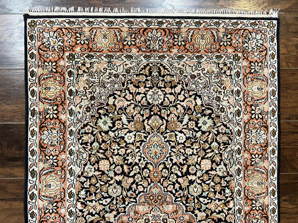 Silk Indian Kashmiri Rug 3x5, Indo Persian Silk on Silk Carpet, Very Fine 350 KPSI, Navy Blue, Handmade, Floral Medallion - Jewel Rugs, view 3