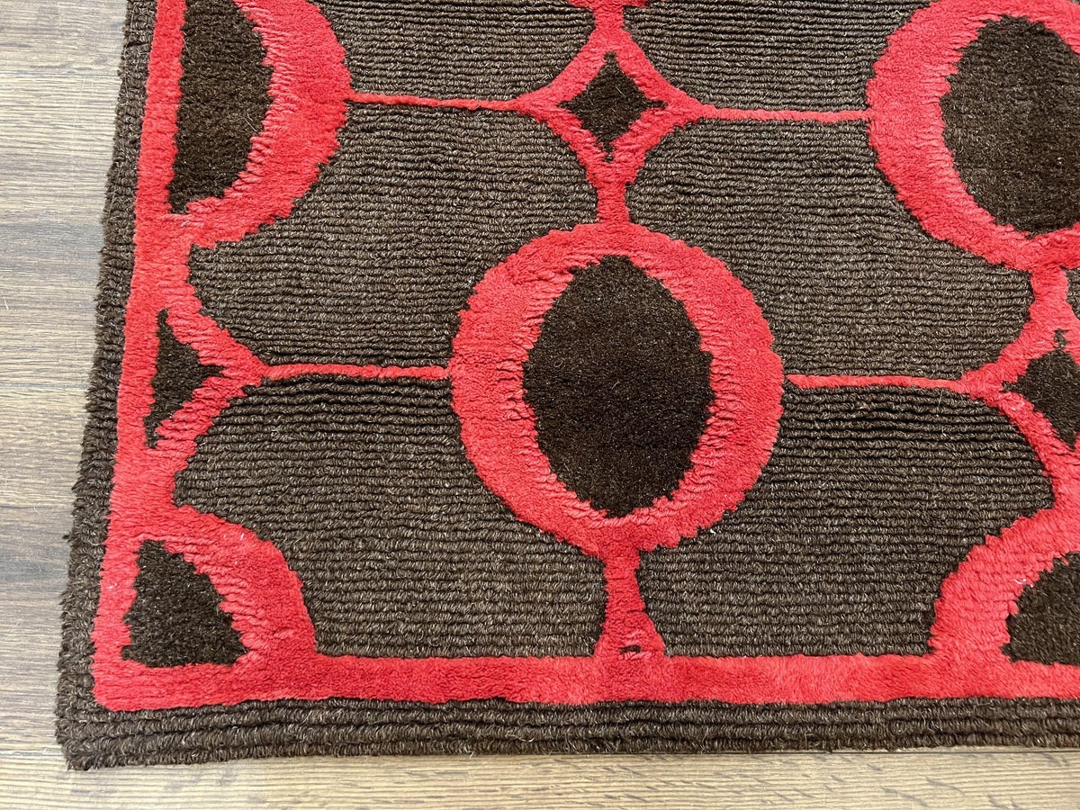 Modern Tibetan Rug 3.8 x 5.7, Raspberry Red and Dark Brown, Abstract Circle Design, Hand Knotted, Soft Wool Handmade Tibet Nepali Carpet 4x6 - Jewel Rugs, view 9