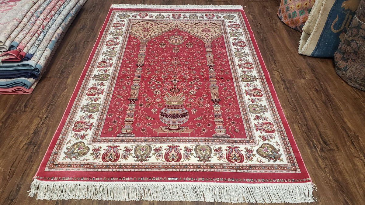 4 x 6 Silk Carpet Red, Traditional Oriental Rug 4x6, Flower Vase Columns, Turkish Rug New, High Quality, Bamboo Silk, Area Rug - Jewel Rugs, view 2