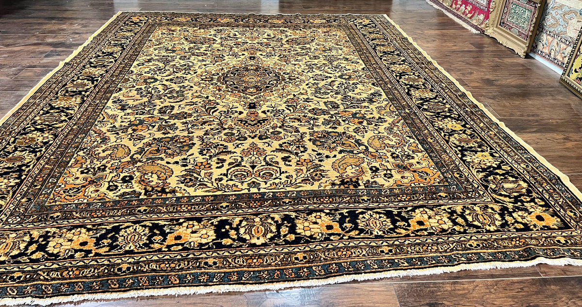 Antique Persian Rug 9x11, Wool Handmade 1920s Oriental Carpet, Persian Hamadan Anjelas Rug, Cream Black, Floral Allover Oriental Rug 9 x 11 Room Sized Rug - Jewel Rugs, view 3
