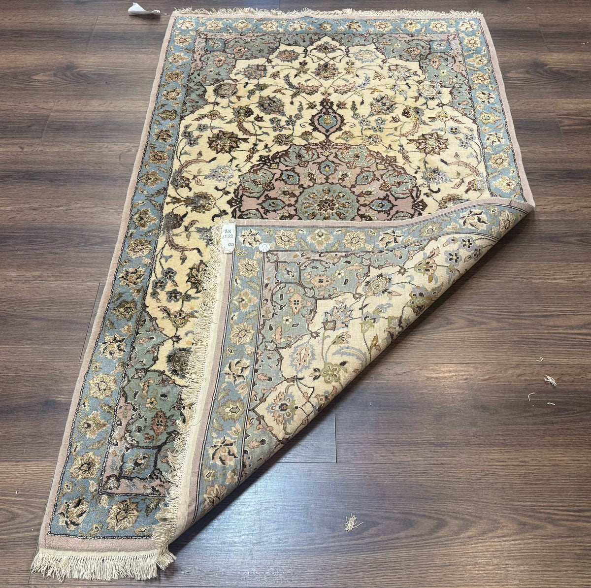 Persian Isfahan Rug 3x5, Fine 310 KPSI, Kork Wool Silk Foundation, Cream & Light Green - Jewel Rugs, view 11