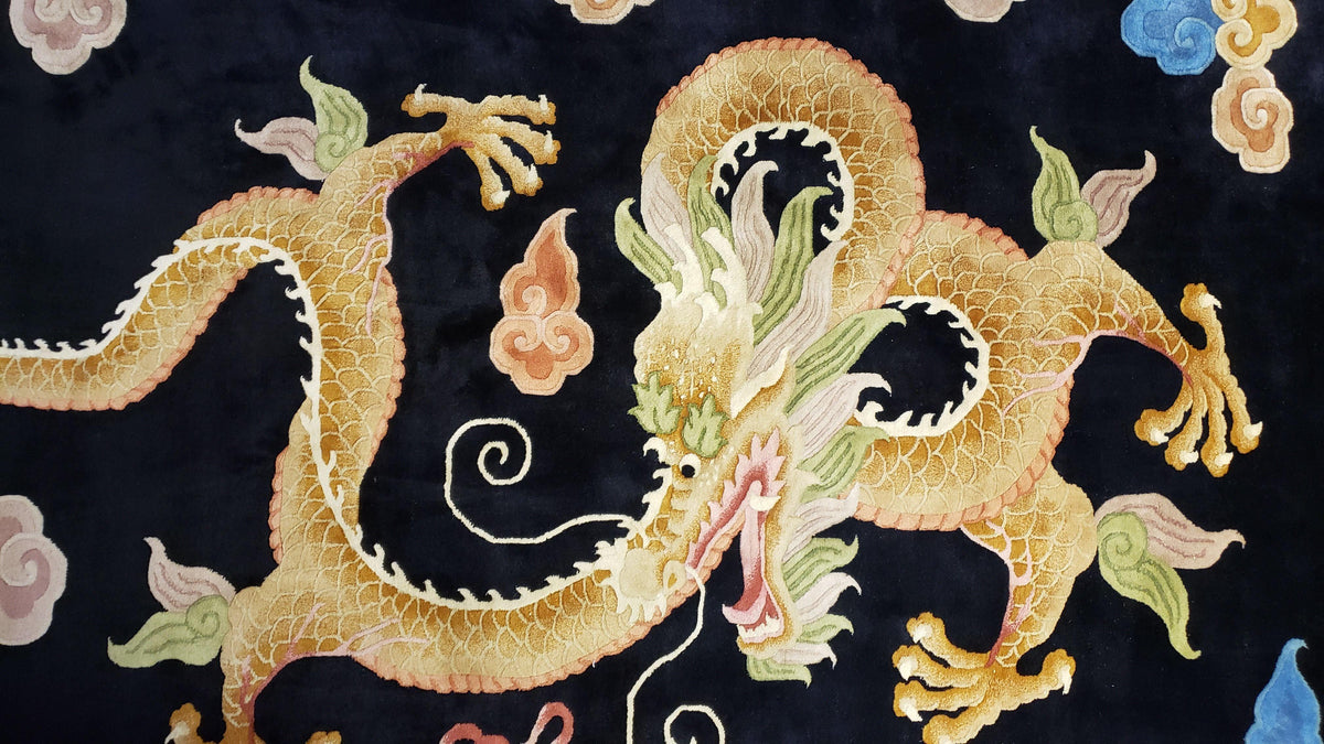 Rare Antique Chinese Art Deco Rug 6x9 with Dragon, Black Chinese Carpet 6 x 9, Hand Knotted Wool Area Rug - Jewel Rugs, view 11