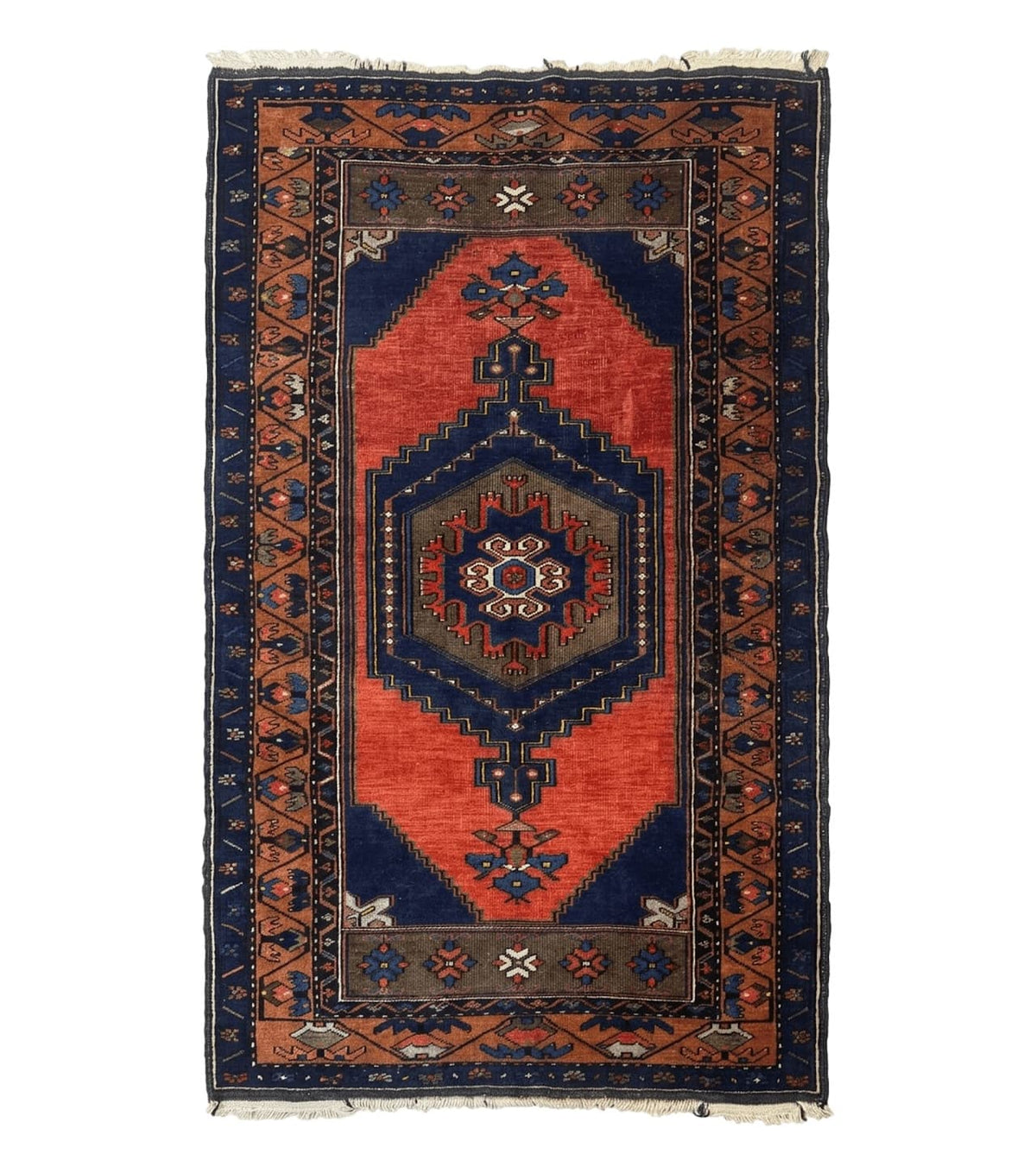 Persian Rug 3x6, Geometric Medallion, Village Tribal Rug, Terracotta and Navy Blue, Antique Nahavand Hamadan Rug - Jewel Rugs