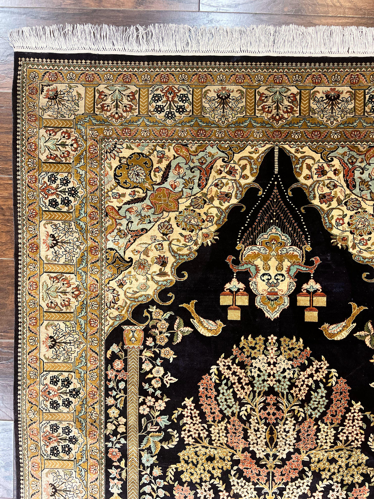 Wonderful Sino Persian Silk Rug 4x6, Tree of LIfe Design, Masterpiece 575 KPSI, Birds, Prayer Rug, Black, Silk on Silk - Jewel Rugs, view 5