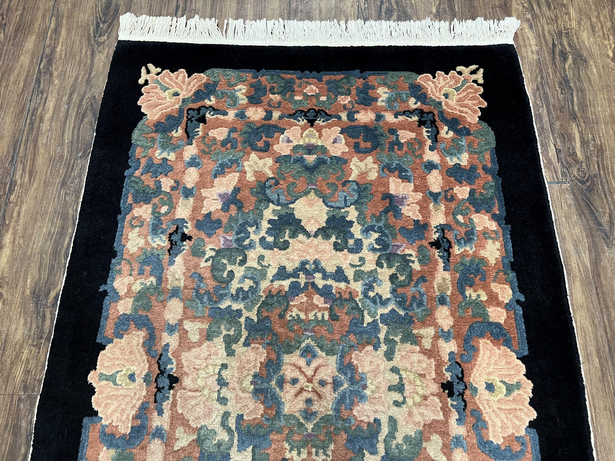 Chinese Art Deco Rug 3x5, Black and Beige Chinese Carpet 3 x 5, Vintage Rug, 1950s Rug, Floral Rug, Handmade Rug, Art Deco Rug, Wool Rug - Jewel Rugs, view 4