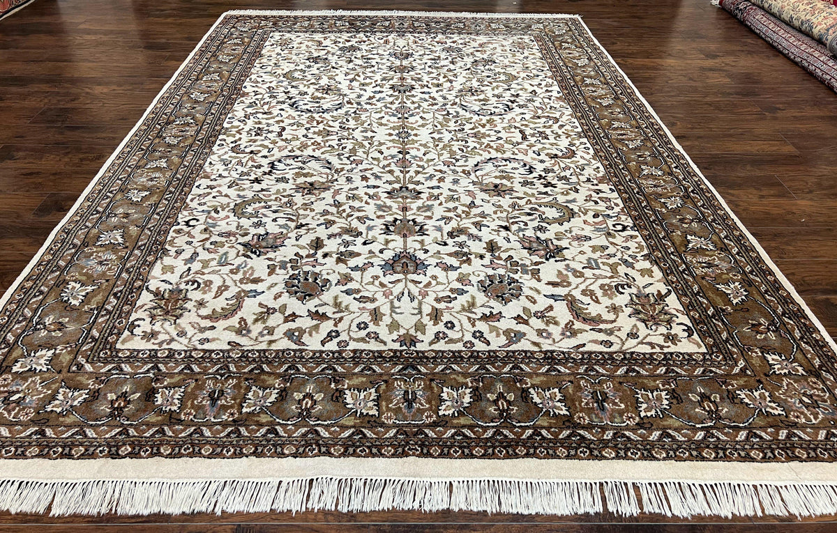 Indo Kirman Rug 8x12 Allover Floral Design, Ivory/Cream Brown, Vintage Handmade Hand Knotted Rug, Traditional Wool Persian Carpet 8 x 12 - Jewel Rugs, view 2