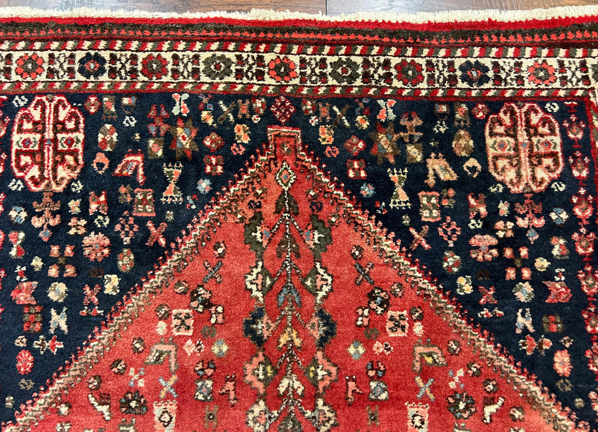 Persian Tribal Rug 3.6 x 5 ft, Persian Abadeh Rug, Geometric Medallion Bird Motifs, Red and Navy Blue Hand Knotted Handmade Wool Vintage Oriental Carpet - Jewel Rugs, view 5
