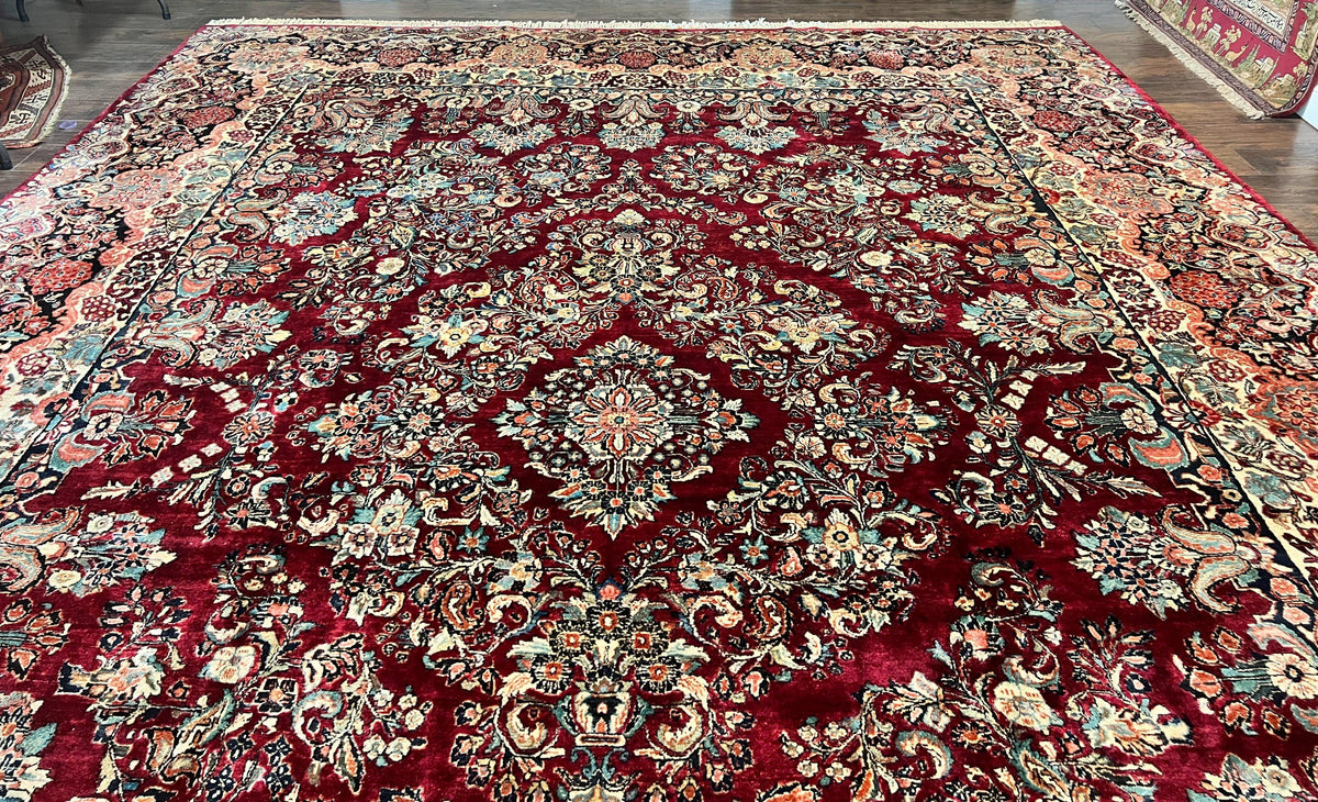 Persian Sarouk Rug 12x17, Wool Hand Knotted Antique Carpet, Dark Red, Traditional Floral Oriental Rug, 12 x 17 Extra Large Handmade Rug - Jewel Rugs, view 2