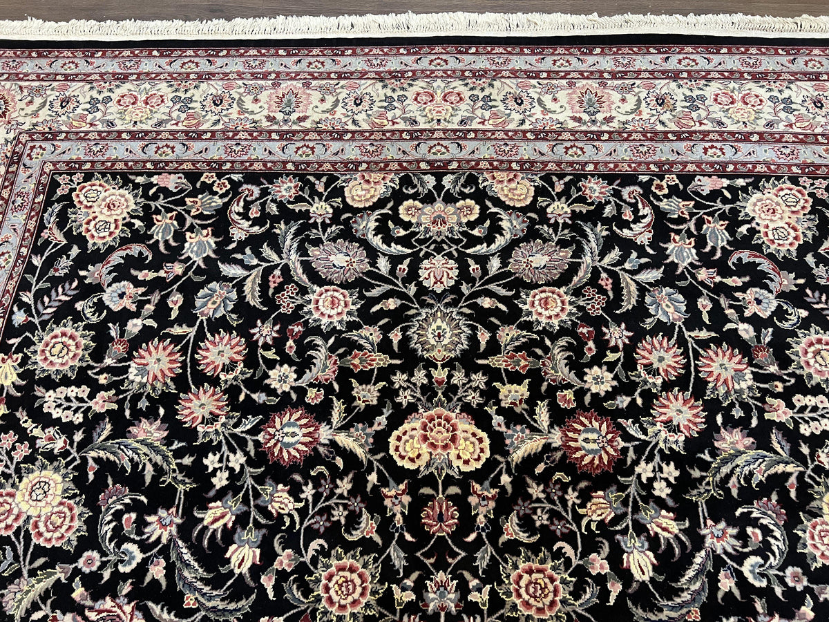 Pak Persian Rug 9x12, Floral Allover, Hand Knotted Oriental Carpet 9 x 12 ft, Black and Cream, Detailed, Wool with Silk Highlights, Vintage - Jewel Rugs, view 3